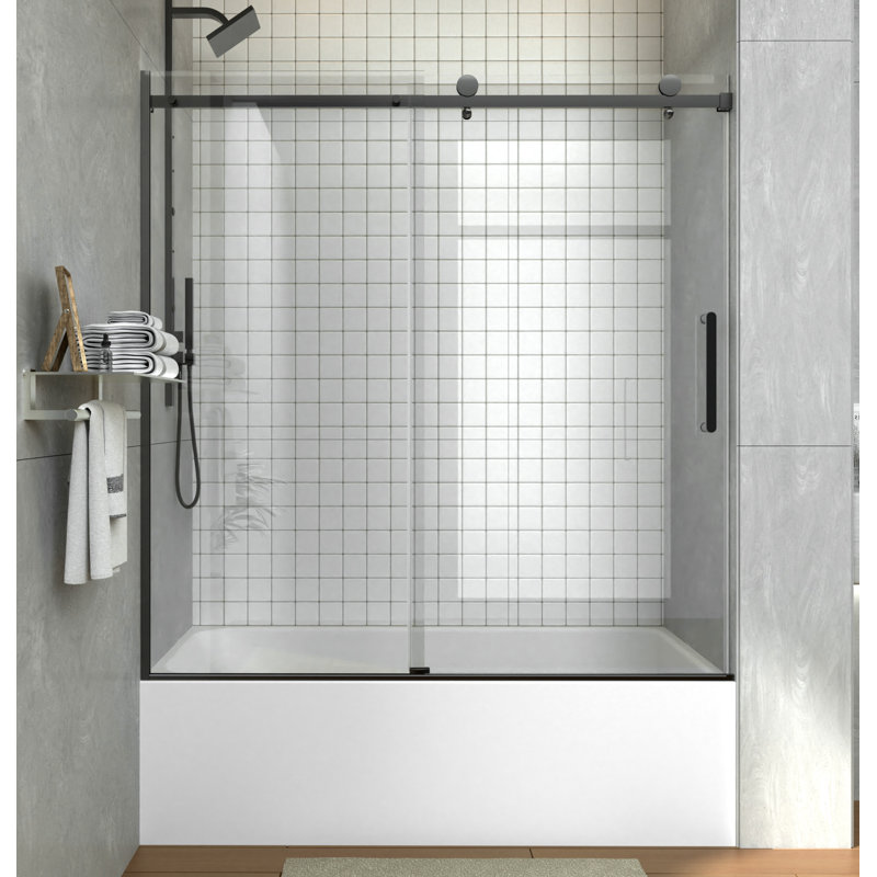 Porte de baignoire coulissante sans cadre de 55 à 59 po x H 60 po, Noir