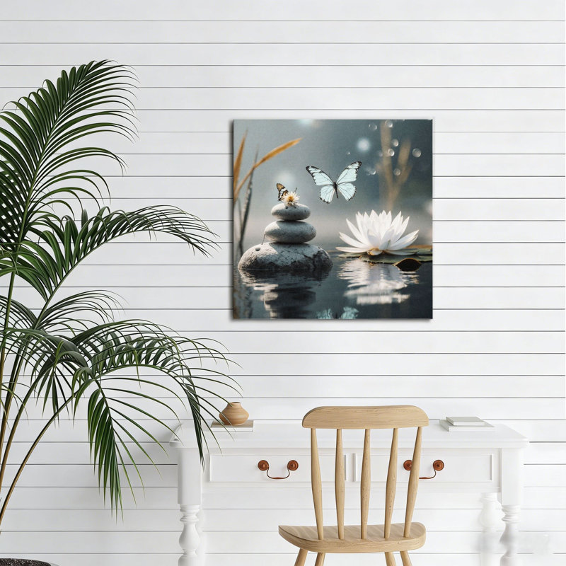 Zen Stones & Lotus, 16 X 16 Inch, Built-In Wooden Frame Wall Art