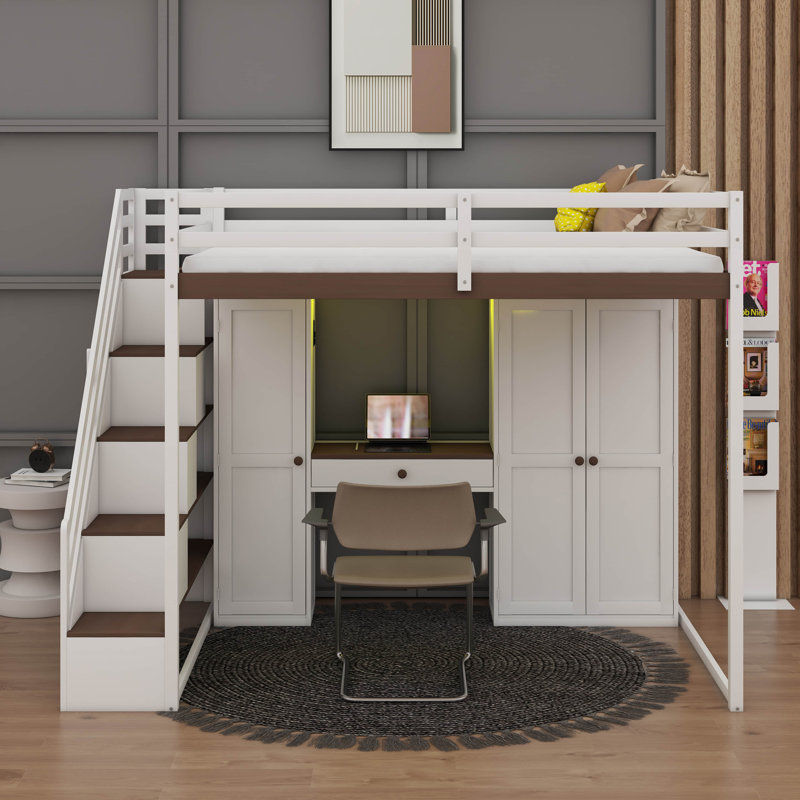 Lit mezzanine double avec marches de rangement, coiffeuse intégrée avec miroir et compartiment, placard et placards, charge USB et éclairage