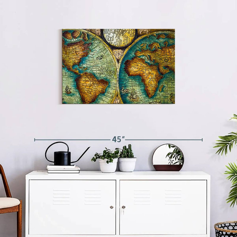 Carte du vieux monde sur toile, H 20 po x l 30 po x P 1,25 po