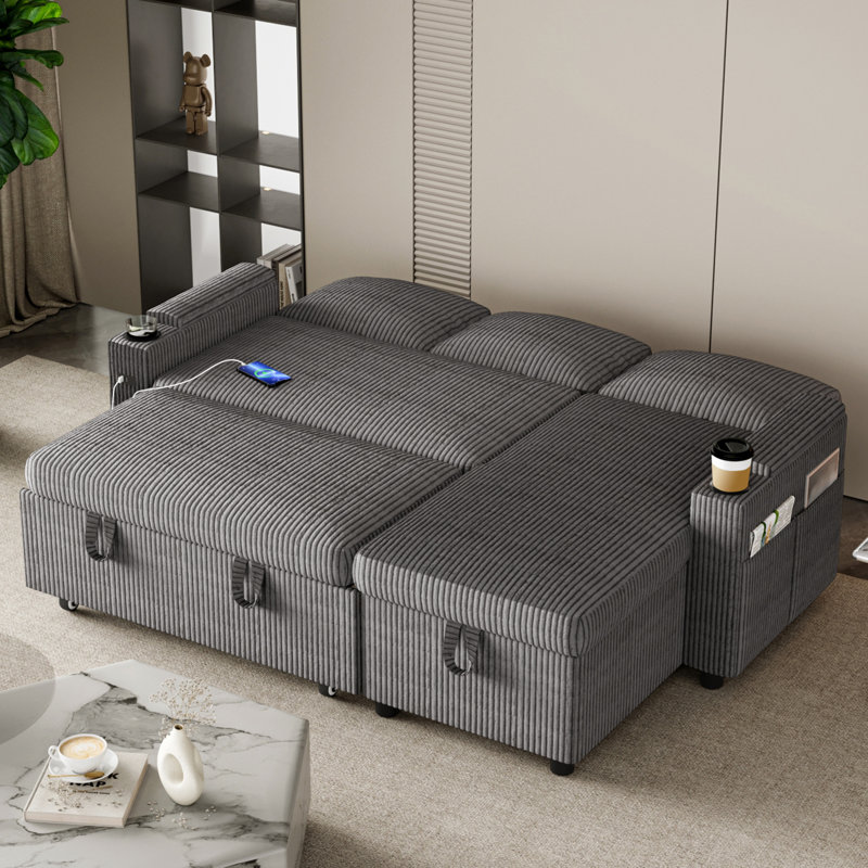 3 Seater Sofa & Chaise, Grey Corduroy