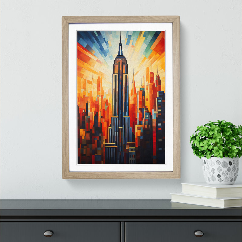 Empire State Building Cubism No.2 1 Piece Single Picture Frame Wall Art, 64cm H x 46cm W x 2cm D, Oak