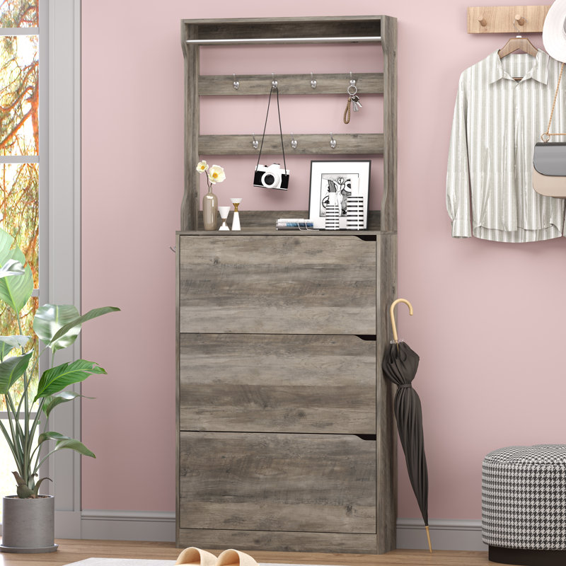 Armoire de rangement pour chaussures 24 paires, 3 tiroirs rabattables, tablettes réglables et 9 crochets - Rangement pour entrée peu encombrant