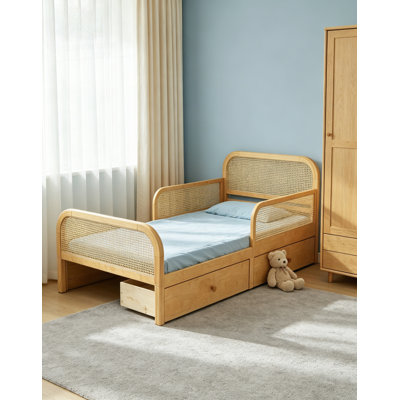 Lit plateforme simple en rotin et bois avec 2 tiroirs de rangement, tête de lit et pied de lit pour enfants