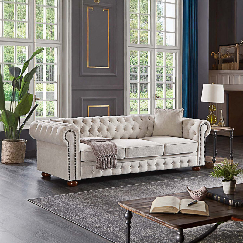 Canapé Chesterfield, canapé confortable, canapé moderne avec accoudoirs roulés, Beige