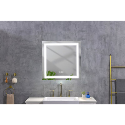 Miroir de salle de bain à DEL avec cadre en métal, miroir de meuble-lavabo mural avec bouton tactile intelligent, anti-buée, fonction mémoire, 3 couleurs, miroir de maquillage à intensité variable (horizontal / vertical)