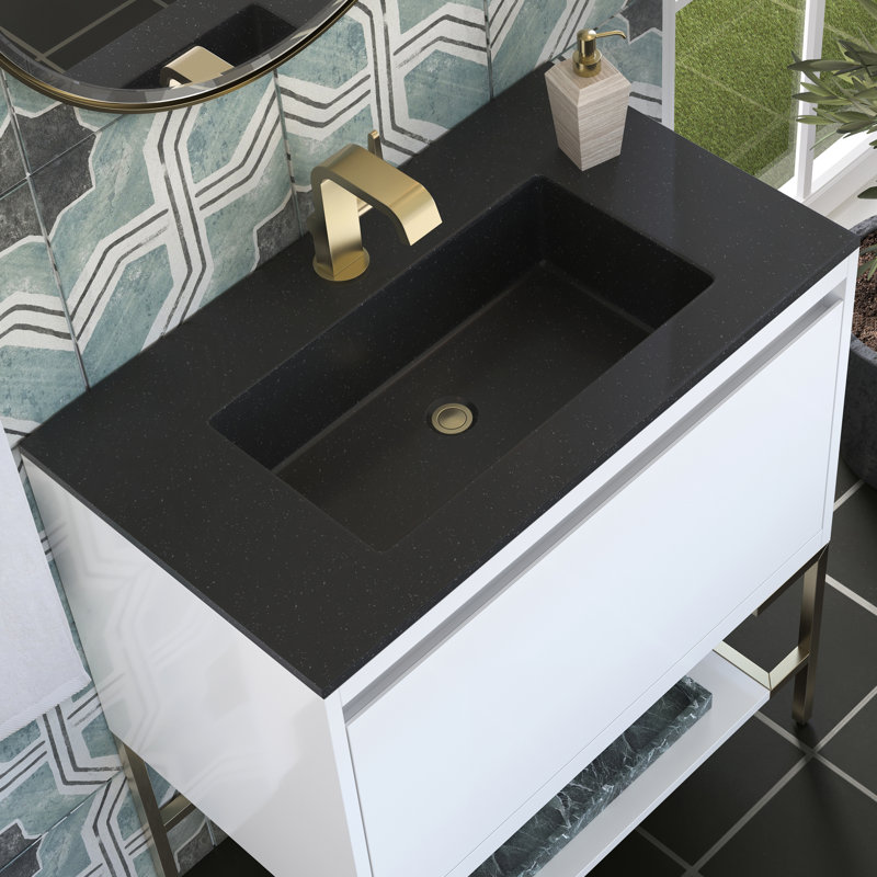 Mantova 31.5'' W Single Vanity, Glossy White/Champagne Brass, Charcoal Black