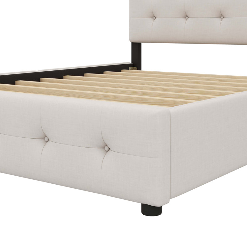 Lit plateforme tapissier avec tête de lit intemporelle et quatre tiroirs, Beige