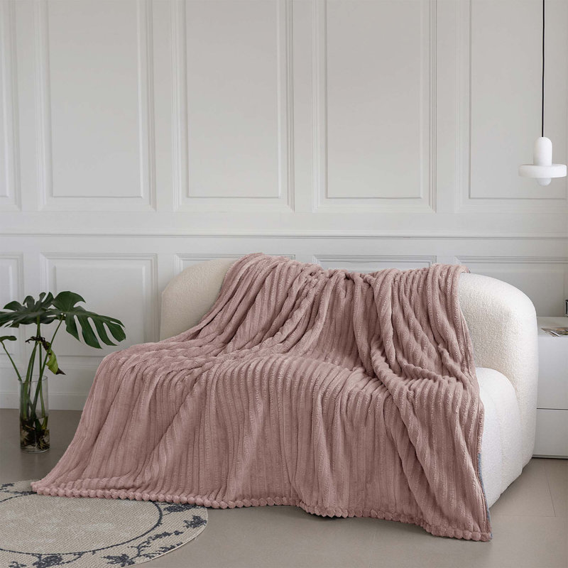 Rehana Snug Soft Chunky Ribbed Cord Plush Throw Blanket, Blush, W152 x L200cm