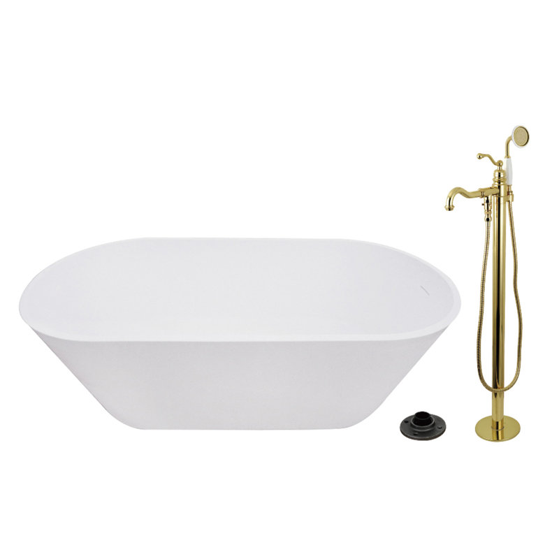 Kingston Arcticstone 67-Inch Solid Surface Oval Double Ended Freestanding Tub With Faucet Combo And Drain, Polished Brass