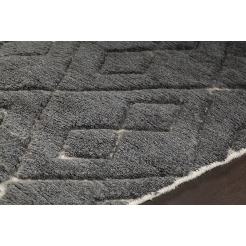 Tapis bleu area-noué la à la main Alland, Gris foncé, 7 pi 9 po X 10 pi 6 po