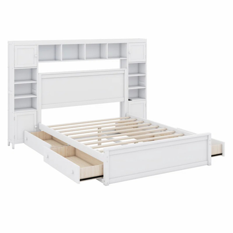 Lit en bois avec armoire, tablette et prises tout-en-un, Blanc