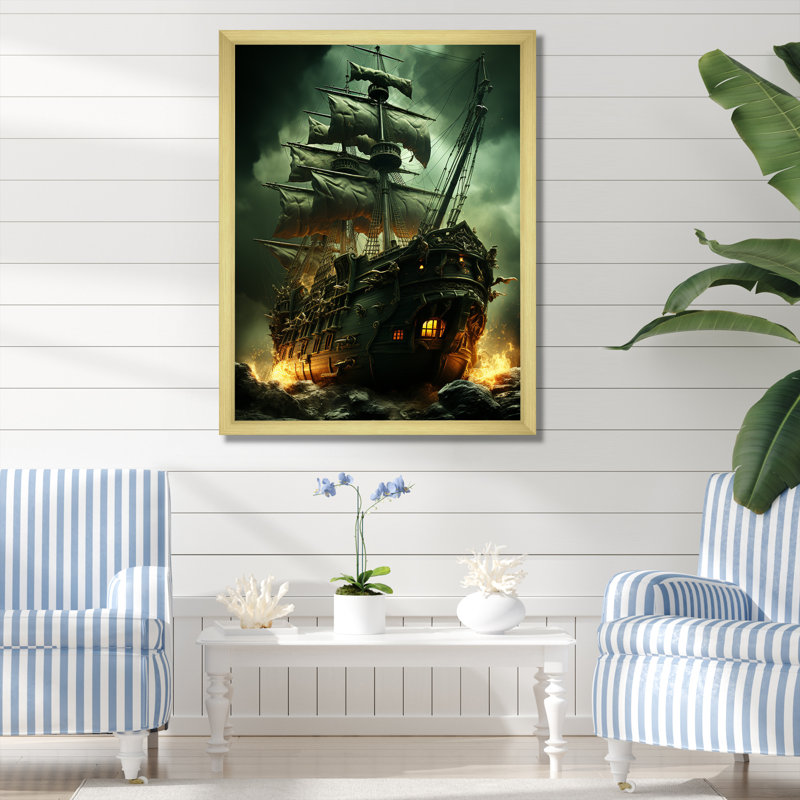 Bateau fantôme pirate 1 - Art mural pirate, H 32 po x l 16 po x P 1 po, Cadre doré simple