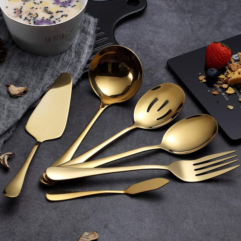 Ensemble d'ustensiles de service 6 pièces en acier inoxydable avec pelle à gâteau, cuillère à rainure, cuillère de service, fourchette à viande, couteau à beurre et louche à soupe, couverts élégants pour les repas et les réceptions