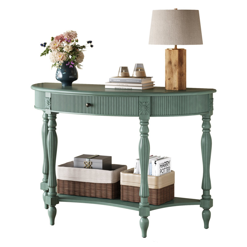 Console demi-lune en bois massif avec tiroir et tablette, Antique Green