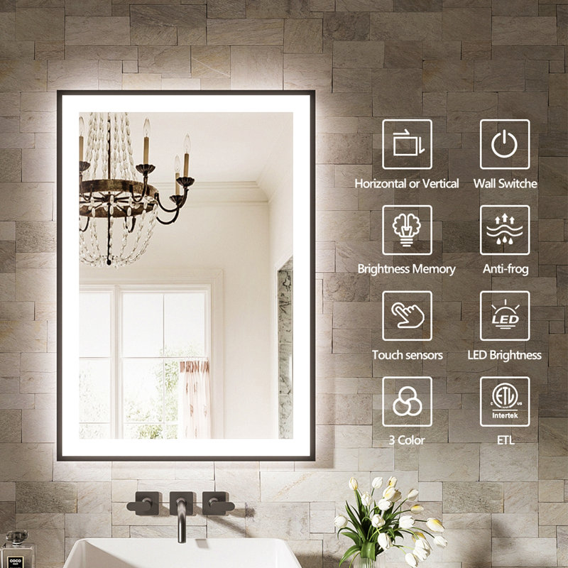 Miroir de salle de bain à DEL sans cadre 20 po x 28 po, miroir intelligent