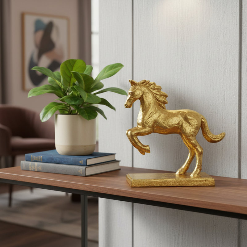 Sculpture cheval de table en fonte dorée 7 po