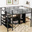 Lit mezzanine en métal avec table et garde-robe, double, conception épurée noire, structure solide, rangement spacieux, assemblage simple de taille double et de construction moderne, structure de la structure, espaces de rangement abondants, processus