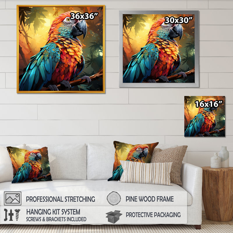 «Orange and Blue Jungle Parrot Paradise I», art mural perroquet, Cadre flottant doré, H 16 po x l 16 po x P 1 po