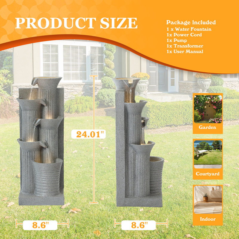 Outdoor Water Fountain, 5 Tiers Cascading Waterfall Indoor Water Feature Garden Decor With Led Lights, Patio Resin Fountains For Yard, Deck, Porch And Home, Bamboo Element