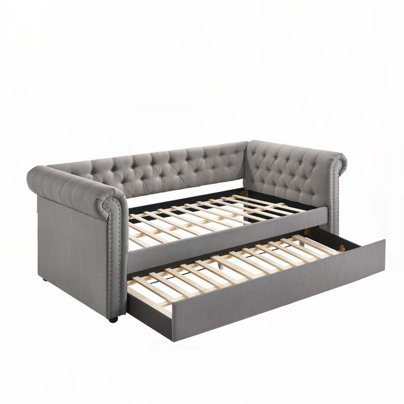 Loe Daybed w Pull Out Trundle, Chesterfield Dove Gray Upholstery, Gray, Twin