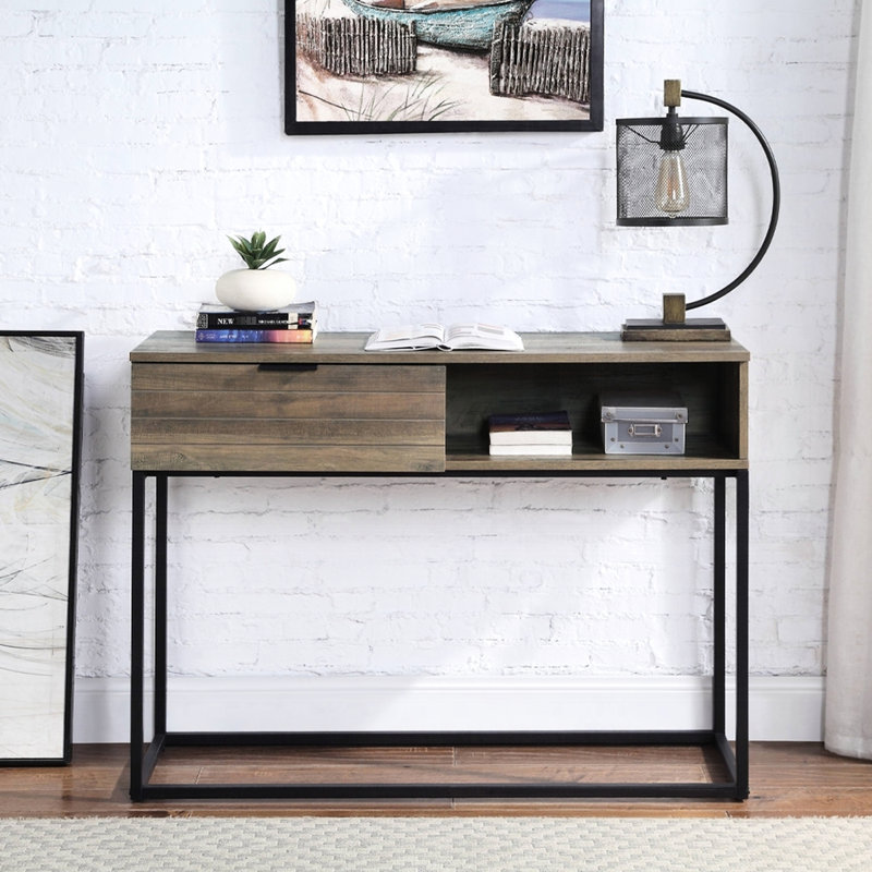 Rustic Oak And Black Writing Table, Drawer Shelf Home Living Space & Desk With Shelf, Build, Resistance To Scratches Fading For Use