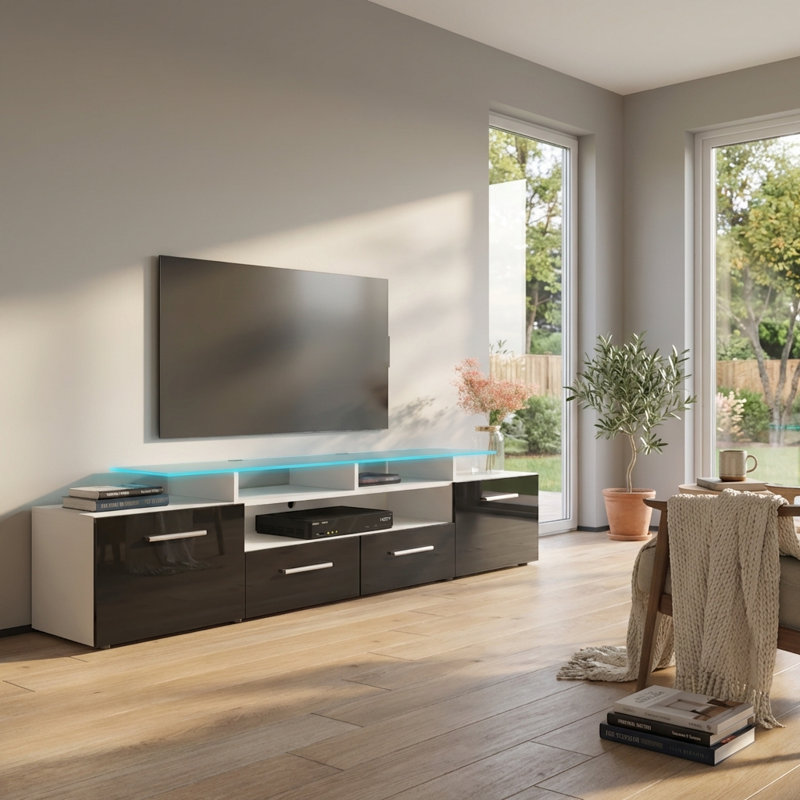 Aghancrossy 76.3" Modern TV Stand with LED Lighting, High Gloss Finish, Media Storage, White/Black