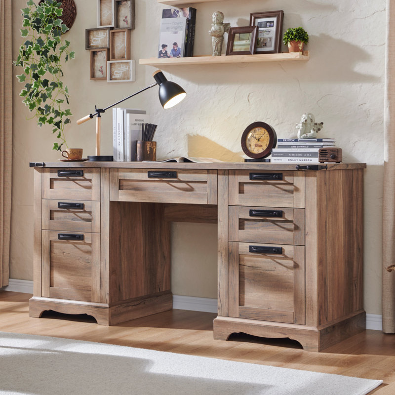 Bureau double caisson en bois massif et manufacturé avec station de charge Deserey, Chêne rustique naturel