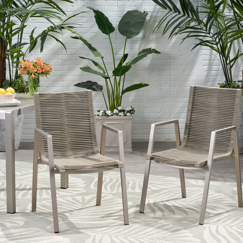 Chaises de salle à manger d'extérieur en aluminium 2 pièces avec siège en corde taupe, structure argentée, siège moderne 2, ambiance relaxante