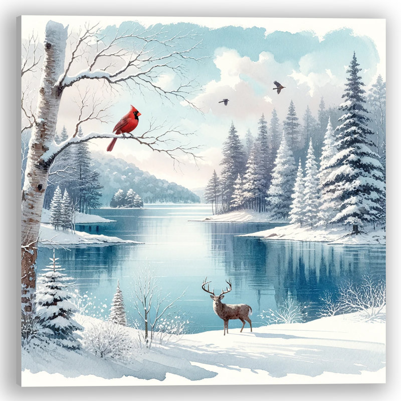 «Silent Snowfall: Elegant Deer and Cardinal» par un lac réfléchissant, art mural sur toile, H 20 po x l 20 po x P 1,5 po