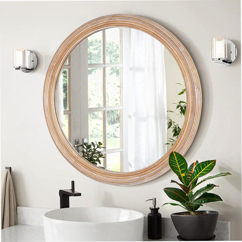 Miroir rond rond à cadre en bois avec détail nervuré, 23,62 po