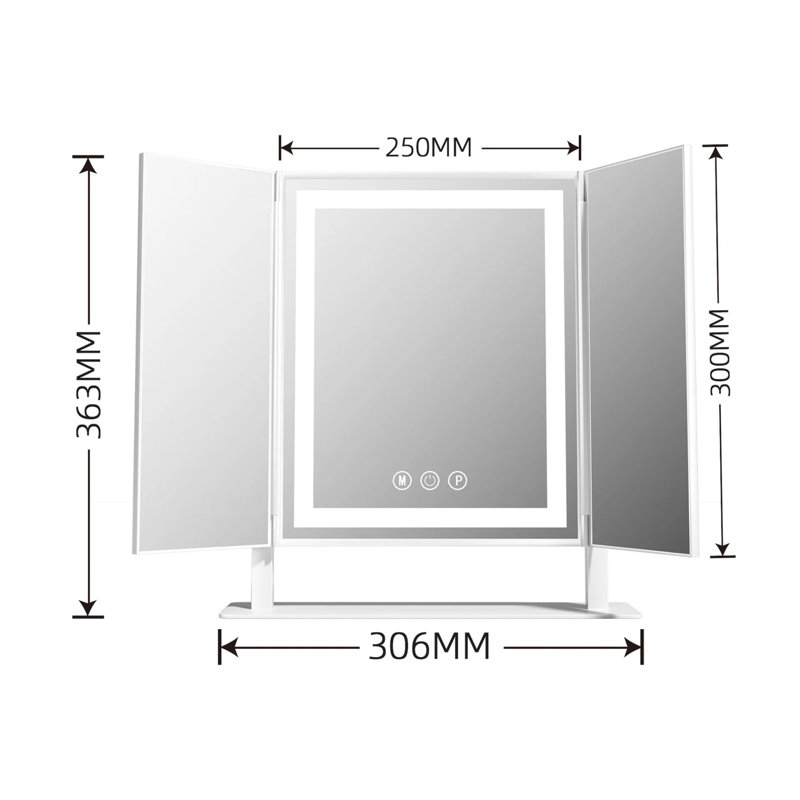 Ecka Luxury Trifold LED Tri-Tone Makeup Mirror with 360 Degree Tilt, Vanity Mirror with Stand, White