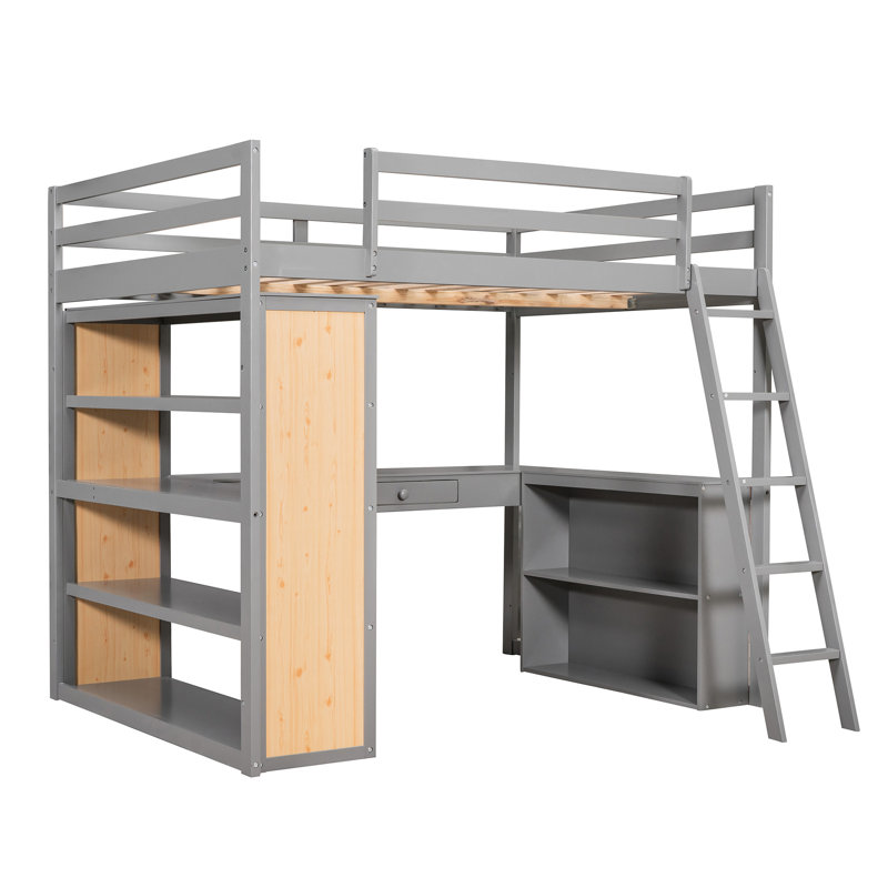 Lit mezzanine pleine grandeur avec bureau, tablettes en gris - Maximisez l'espace de vie en gris. Tablettes et bureau pratiques. Structure en bois massif durable