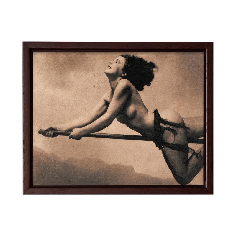 Sorcière nue sur balai, Canvas, 11"H x 14"W, Brown Framed