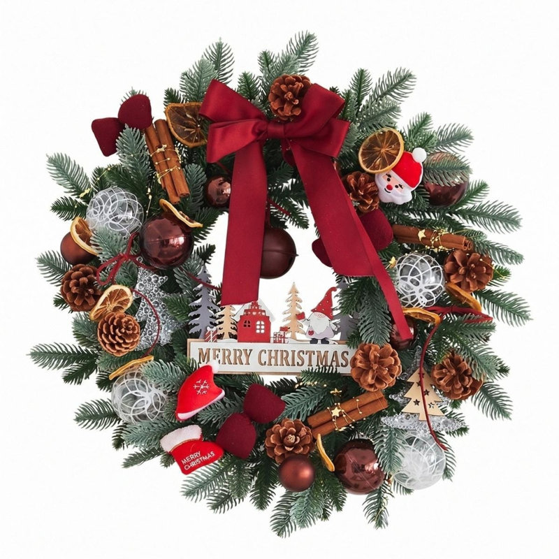 Couronne de Noël artificielle 19,7 pouces avec nœud rouge et éléments rustiques, décoration des Fêtes