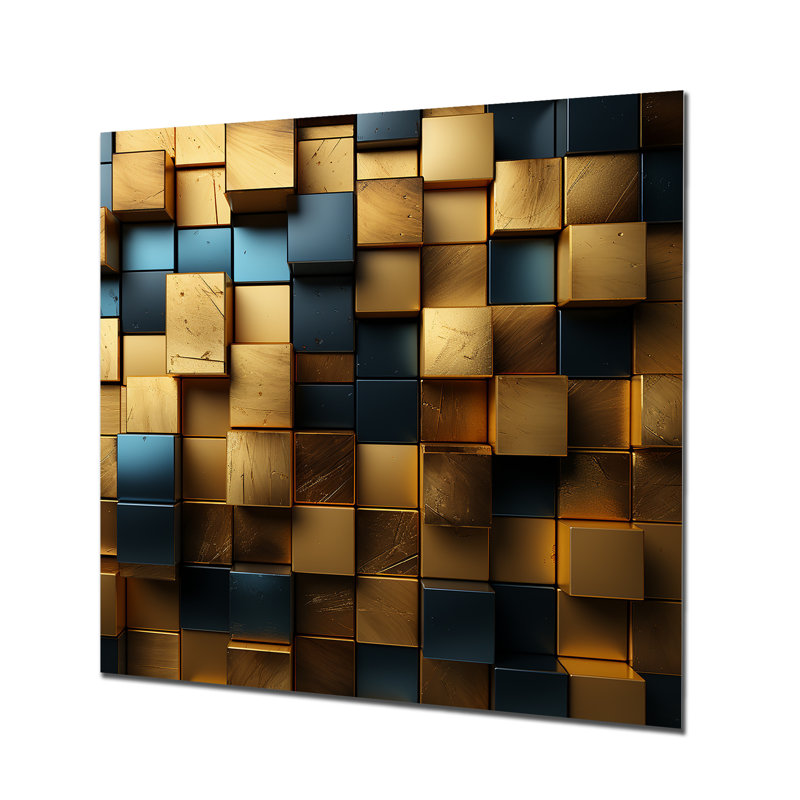 Grunge Gold Cubes Abstract Geometric II - Geometric Metal Wall Art, 16" H x 16" W