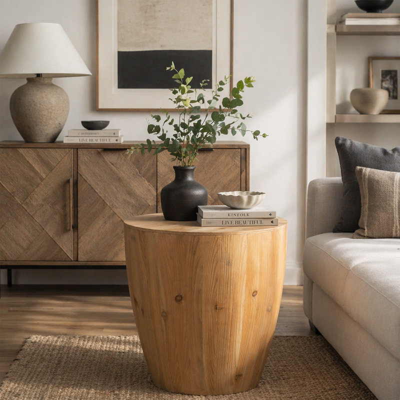 Table basse en bois en forme de seau avec fonction de rangement, Naturel petit