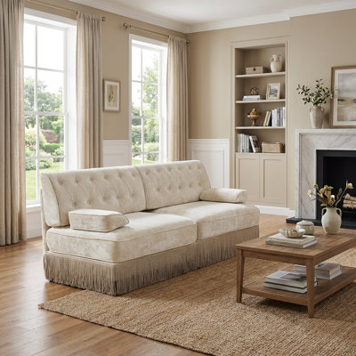 Causeuse capitonnée en velours de 77 po avec jupe à pampilles sur pied, canapé Chesterfield Art déco, beige
