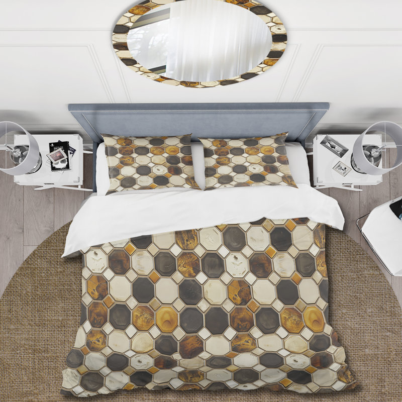 Ensemble de housse de couette Brown Hexagon Tiles IV - Midcentury, Housse de couette très grand + 2 taies décorativ