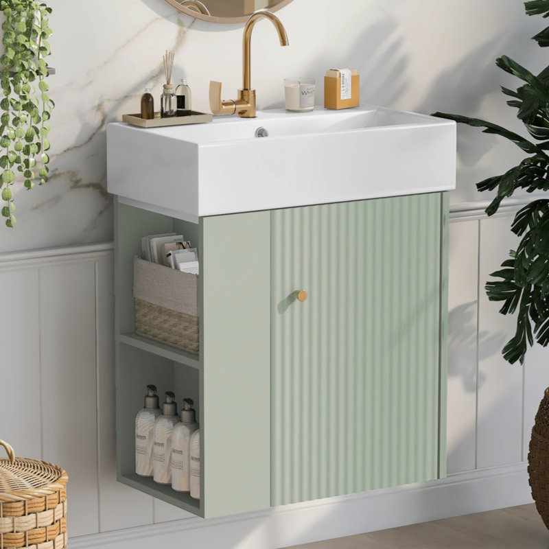 [Vidéo] Meuble-lavabo flottant de 21,6 po avec lavabo en céramique - Petite salle de bain parfaite, rangement à gauche, Vert