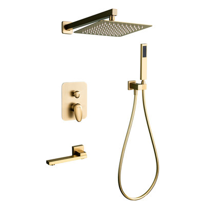 Système de douche encastré en chrome poli 0Ontz avec valve brute, pomme de douche à pluie haute pression carrée, douche à main à fonction unique et bec de baignoire aéré rotatif à 360 °, ensemble de robinet de douche mural complet pour salle de bain moderne