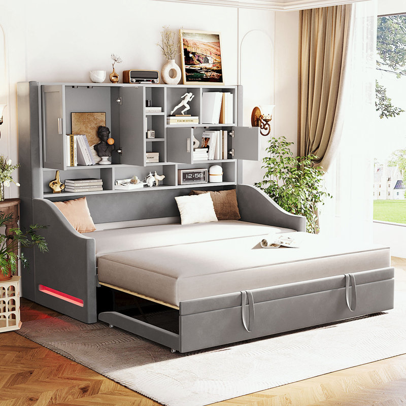 Twin Size bed with LED Armrest Lights, Storage Shelves and Cabinets, Gray