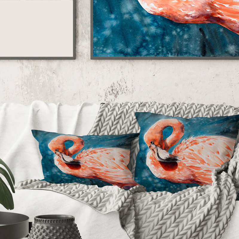 Rectangle, flamants roses dans l'eau bleue II - Coussin décoratif imprimé maison de campagne