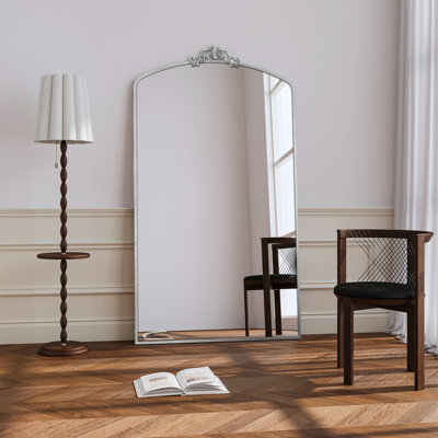 Miroir pleine grandeur 36 po x 66 po, rétro, orné, arqué, miroir de plancher, cadre en métal, miroir surdimensionné, miroir mural pour hall d'entrée, salon, chambre à coucher, magasin de vêtements, argent antique