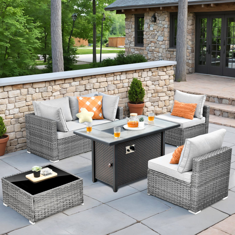 Wicker 4 - Person Outdoor Conversation Set With Fire Pit Table With Cushions, Light Gray