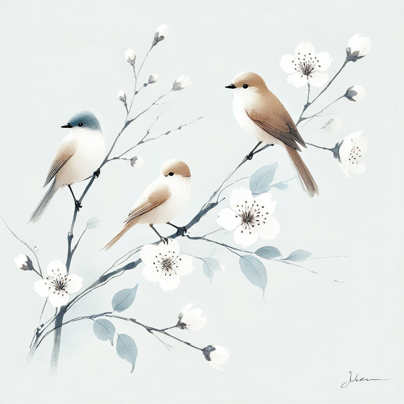 «Harmony in Bloom - Birds and Blossoms», reproduction d'art sur toile, H 12 po x l 12 po x P 1 po