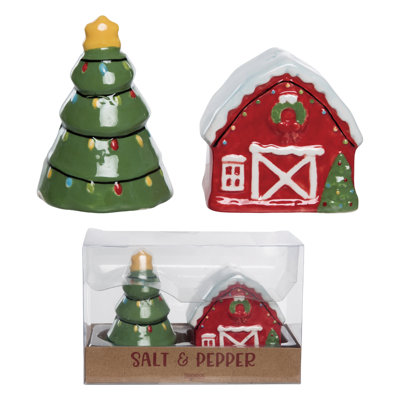 Dolomite Holiday Barn Tree Salt and Pepper Set of 2, Salt and Pepper Shaker, Red, Ceramic, Table, Kitchen, Christmas, Tabletop