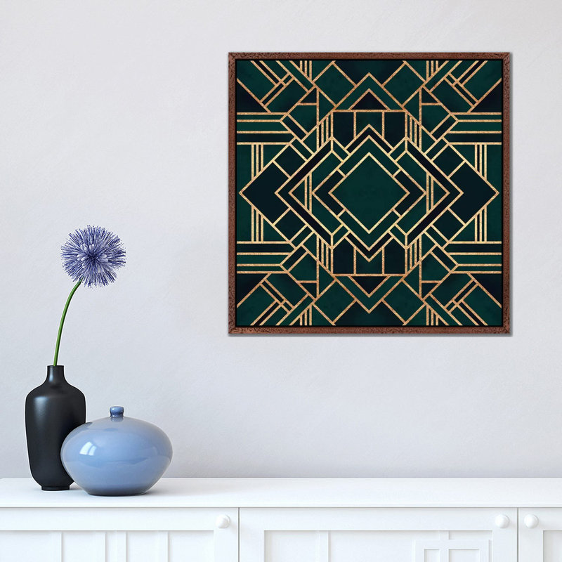 Art Deco III by Elisabeth Fredriksson - Print on Canvas, 45.72 cm H x 45.72 cm W, Brown Floater Framed, Green/Black/Gold