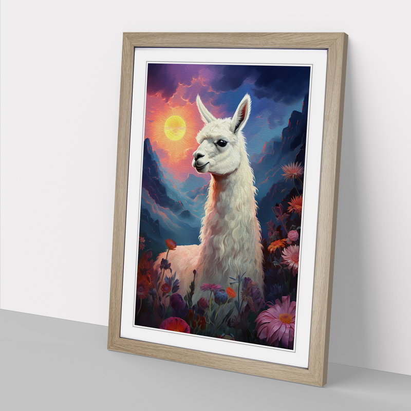 Llama Romanticism No.2 - Single Picture Frame Print on Wood, Oak Framed, 46cm H x 34cm W x 2cm D