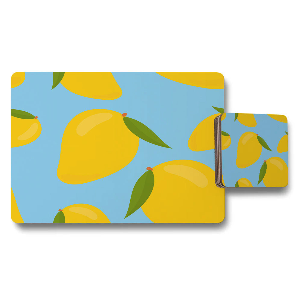 Lemon Pattern Placemat And Coaster Set Bright Yellow Lemons On Blue